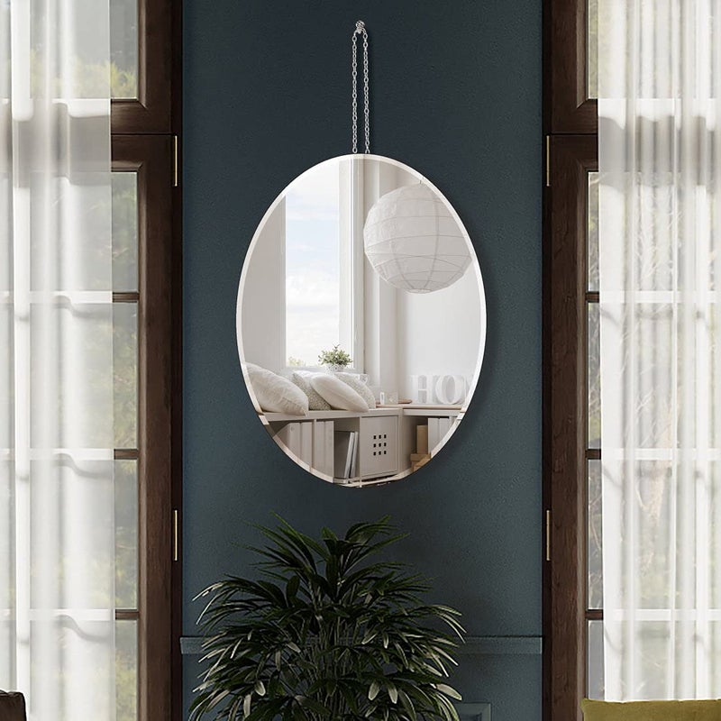 QMDECOR Oval Silver Mirror with Iron Chain - 12x16 inch Vertical or Horizontal Wall Hang Frame Less Mirror - 5 mm Beveled Handicraft Mirror - Image 4